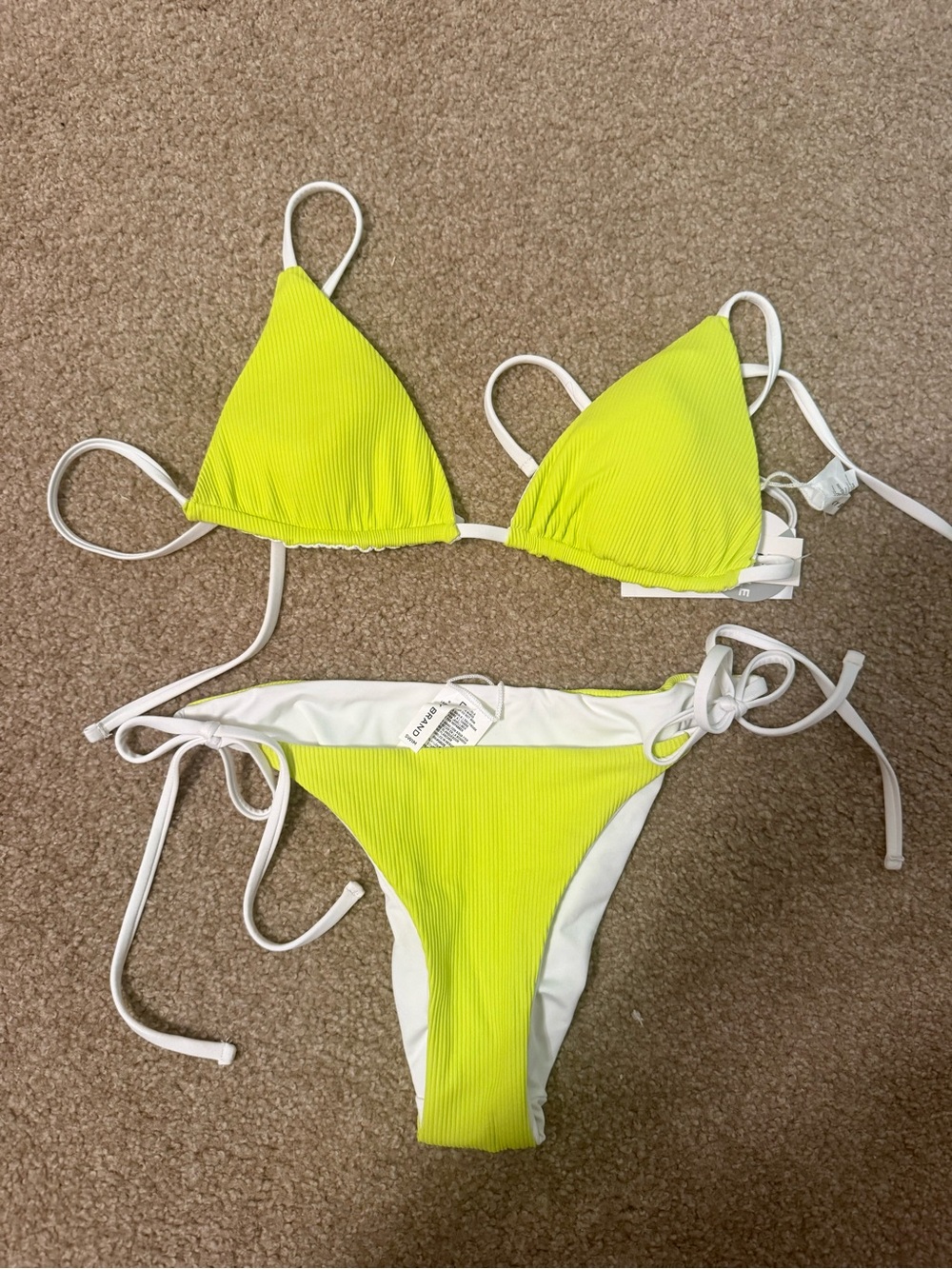 Lucky Brand Neon Yellow Ribbed Triangle Bikini with White Ties